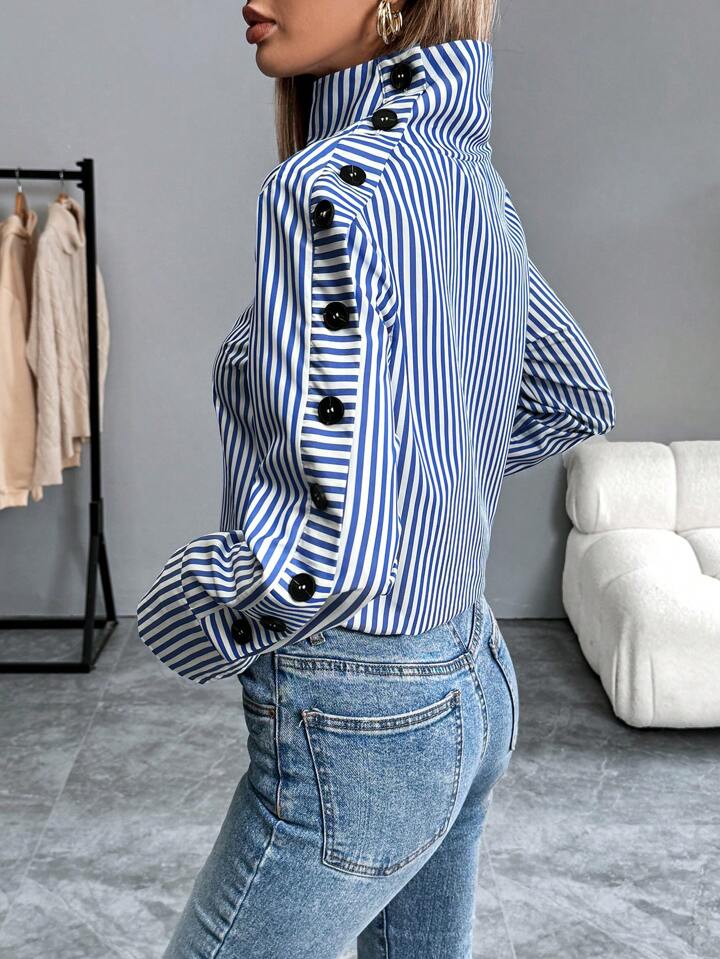 Blue & White Striped High-Neck Blouse