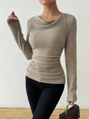 Beige Ribbed Knit Top for Women – Elegant Slim Fit Sweater