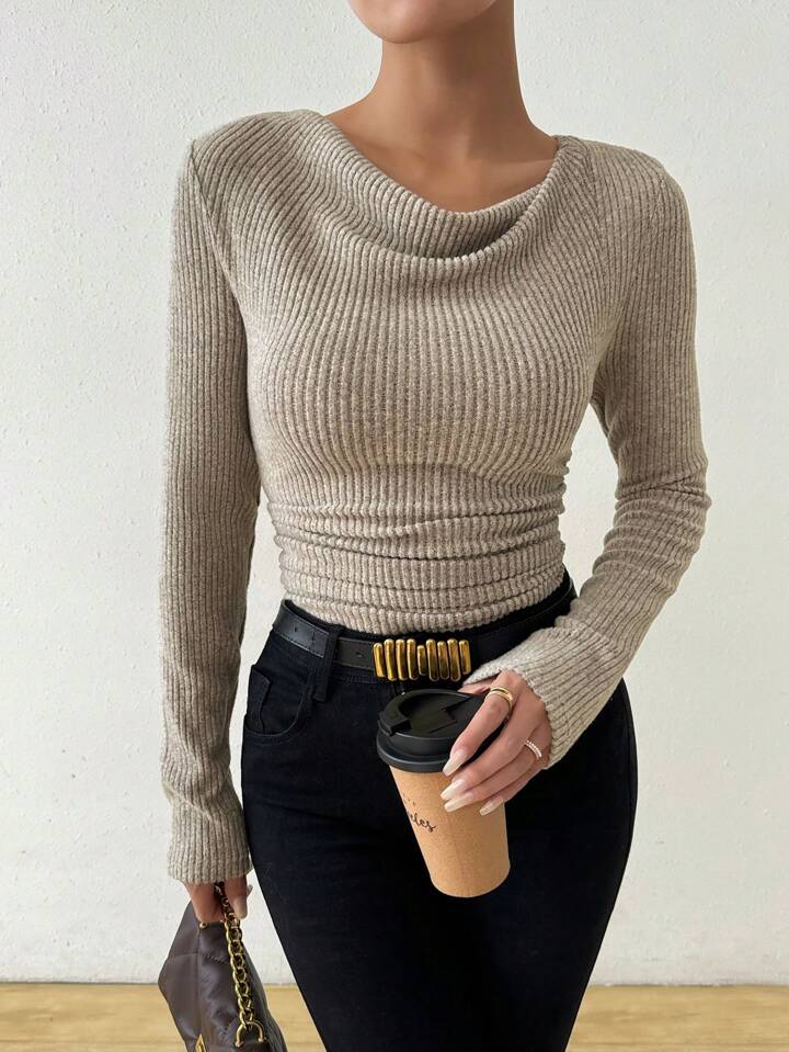 Beige Ribbed Knit Top for Women – Elegant Slim Fit Sweater