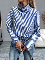 Blue & White Striped High-Neck Blouse