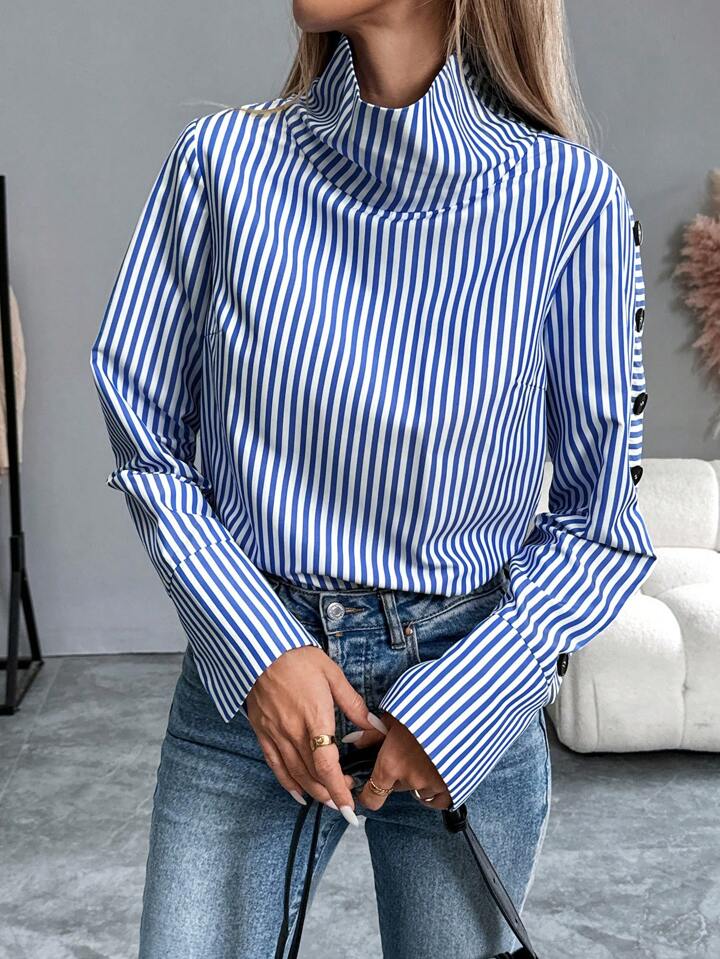 Blue & White Striped High-Neck Blouse