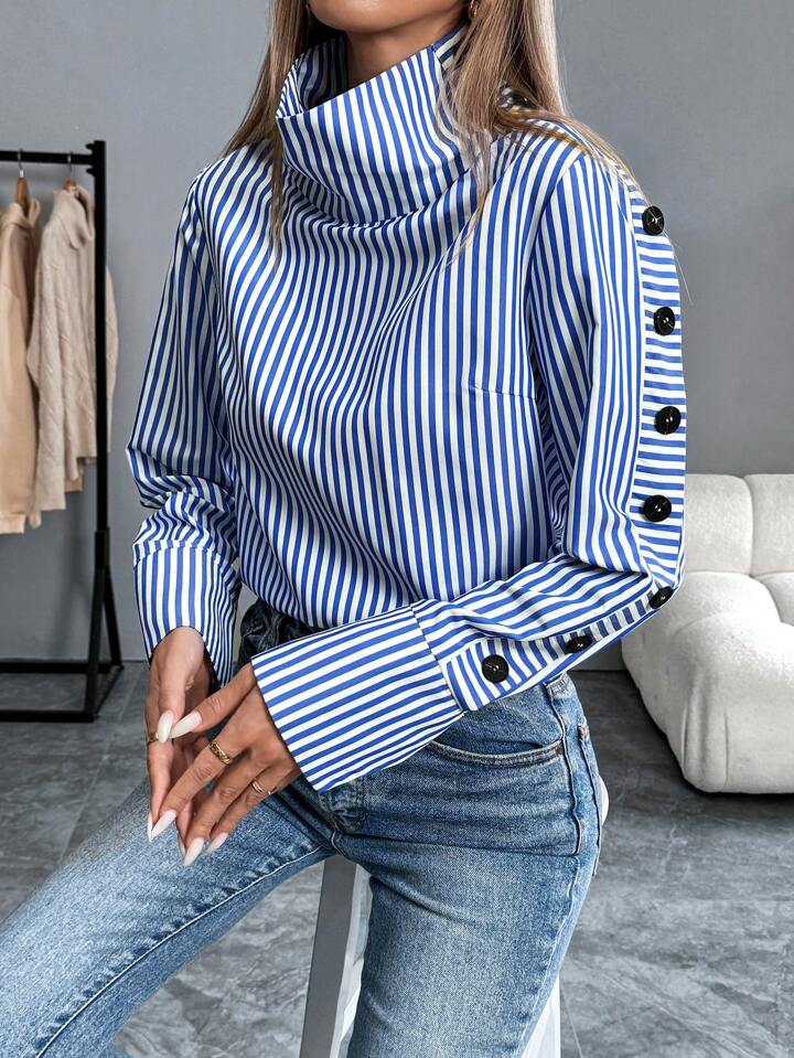 Blue & White Striped High-Neck Blouse