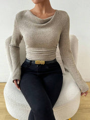 Beige Ribbed Knit Top for Women – Elegant Slim Fit Sweater