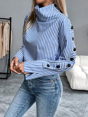 Blue & White Striped High-Neck Blouse