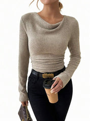 Beige Ribbed Knit Top for Women – Elegant Slim Fit Sweater