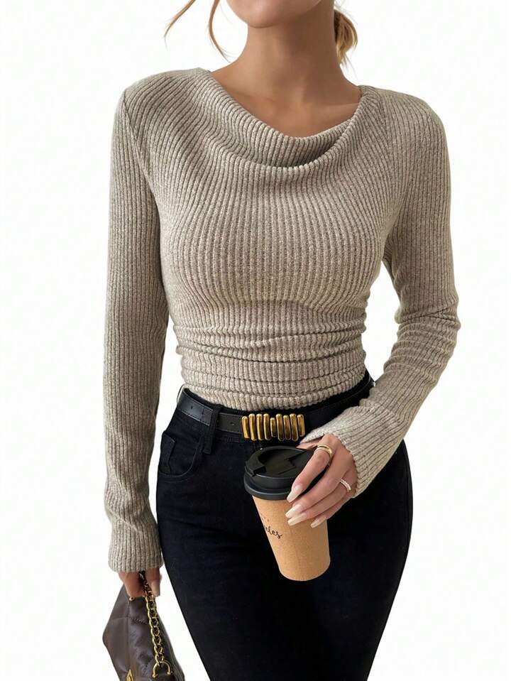 Beige Ribbed Knit Top for Women – Elegant Slim Fit Sweater