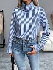 Blue & White Striped High-Neck Blouse