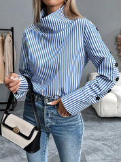 Blue & White Striped High-Neck Blouse