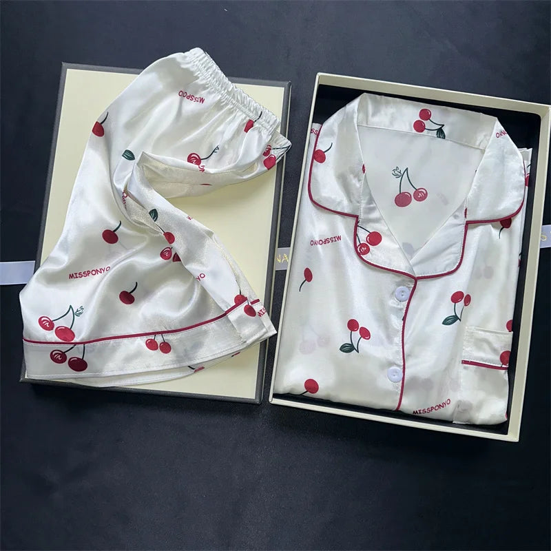 Cherry Print Satin Pajama Set
