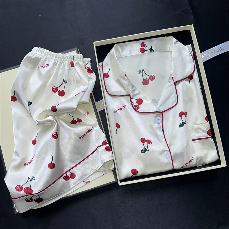 Cherry Print Satin Pajama Set