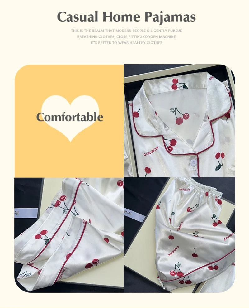 Cherry Print Satin Pajama Set