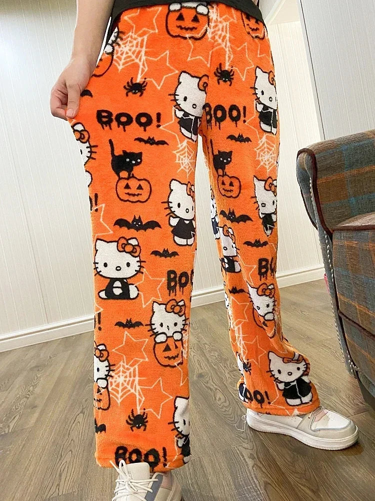 2024 Sanrio Anime Hello Kitty Pajamas Halloween Flannel Fashion Velvet Pants Girls Kawaii Cartoon Casual Fall Winter Home Pants
