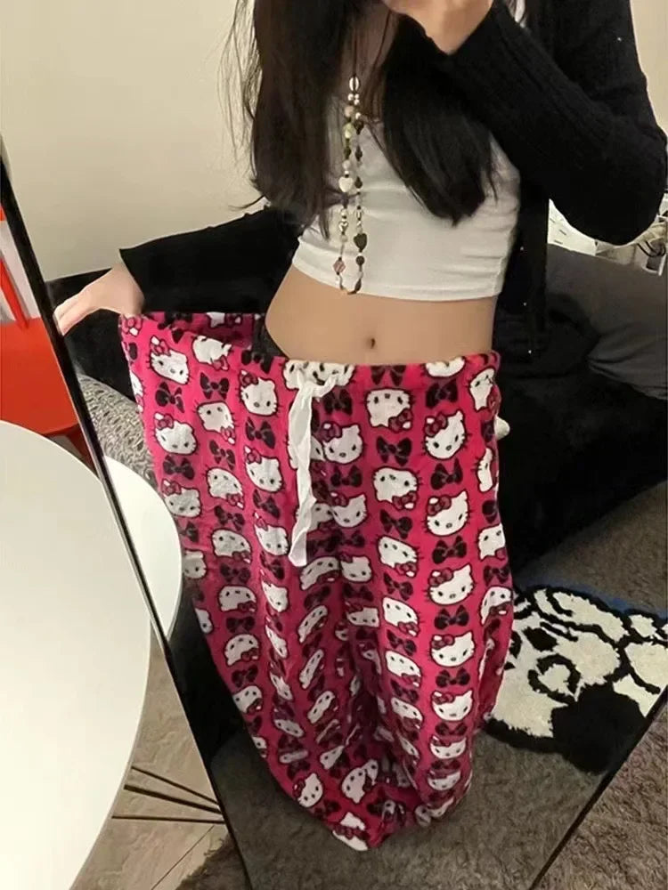 2024 Sanrio Anime Hello Kitty Pajamas Halloween Flannel Fashion Velvet Pants Girls Kawaii Cartoon Casual Fall Winter Home Pants