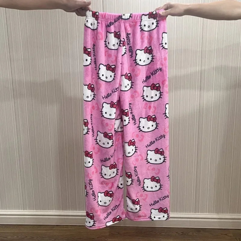 2024 Sanrio Anime Hello Kitty Pajamas Halloween Flannel Fashion Velvet Pants Girls Kawaii Cartoon Casual Fall Winter Home Pants