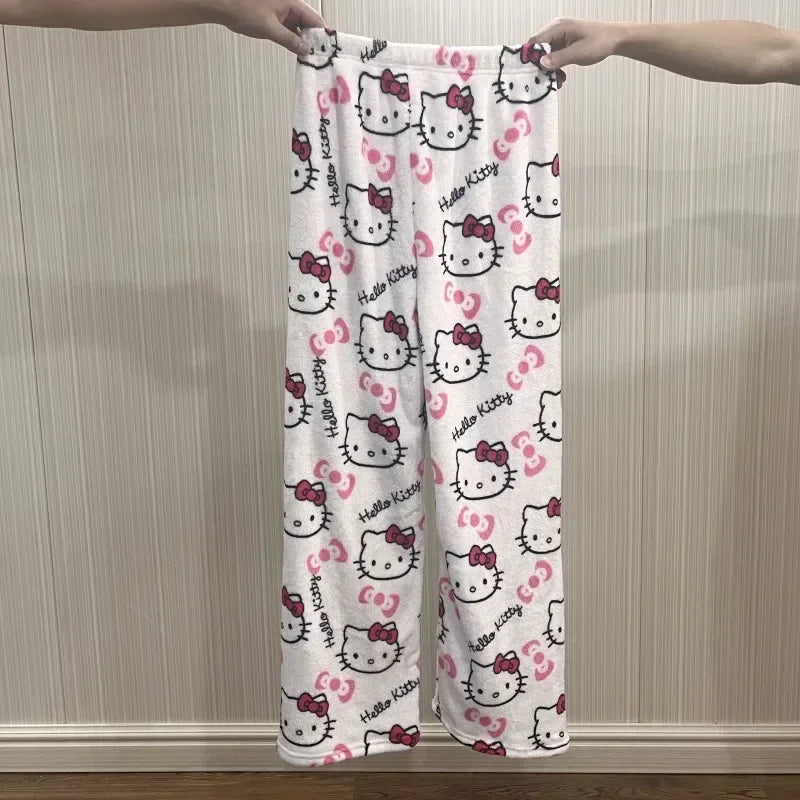 2024 Sanrio Anime Hello Kitty Pajamas Halloween Flannel Fashion Velvet Pants Girls Kawaii Cartoon Casual Fall Winter Home Pants