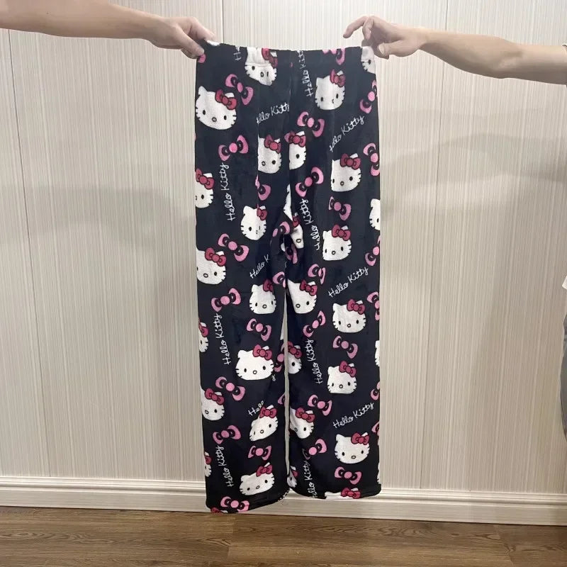 2024 Sanrio Anime Hello Kitty Pajamas Halloween Flannel Fashion Velvet Pants Girls Kawaii Cartoon Casual Fall Winter Home Pants