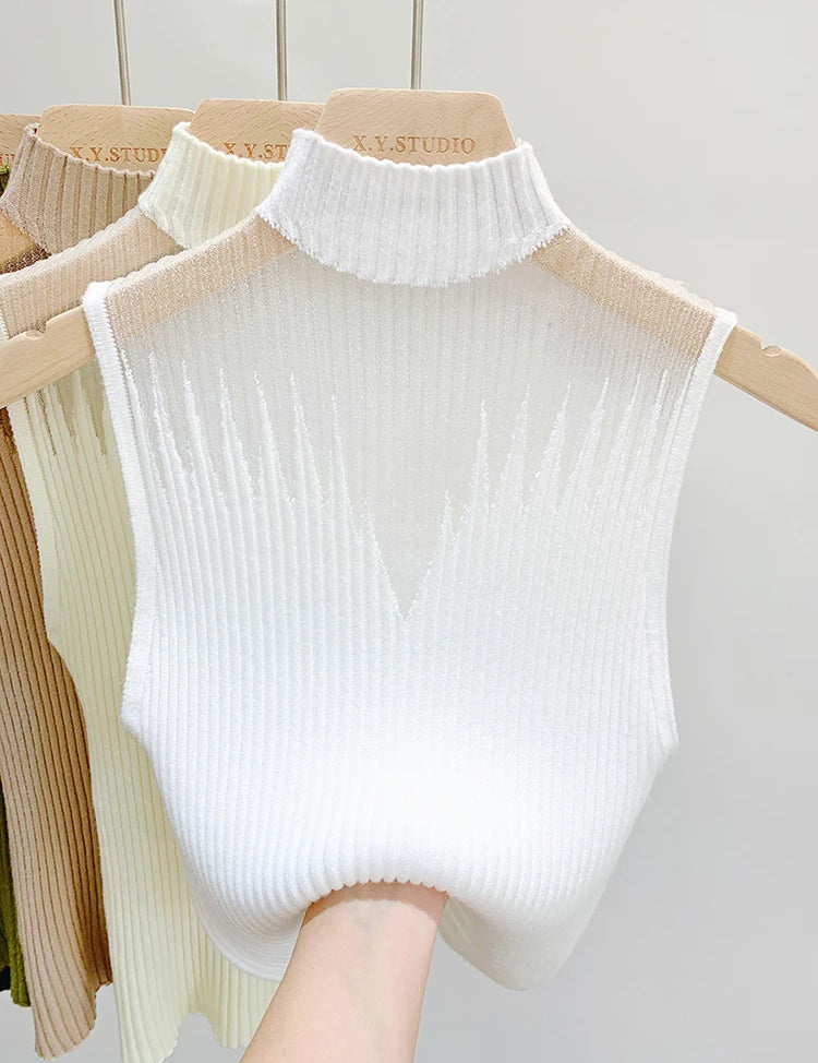 Mesh Knitted Top Women Y2K Tank Top Half Neck Vest Female Sleeveless Sweater Chic Cut Out Streetwear Solid Skinny Tube Top