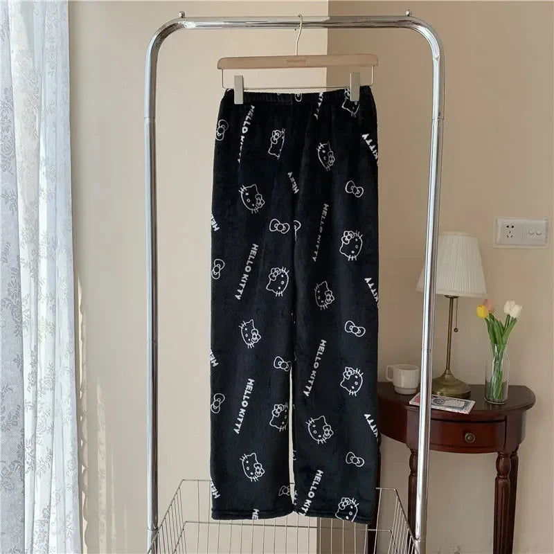 2024 Sanrio Anime Hello Kitty Pajamas Halloween Flannel Fashion Velvet Pants Girls Kawaii Cartoon Casual Fall Winter Home Pants