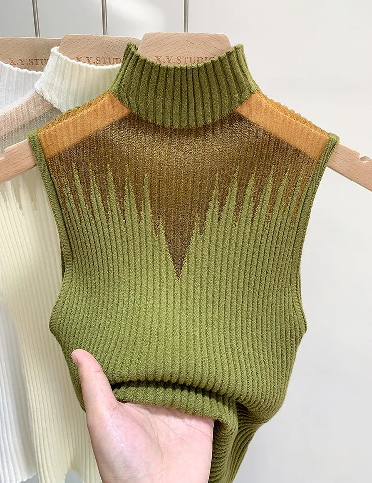 Mesh Knitted Top Women Y2K Tank Top Half Neck Vest Female Sleeveless Sweater Chic Cut Out Streetwear Solid Skinny Tube Top