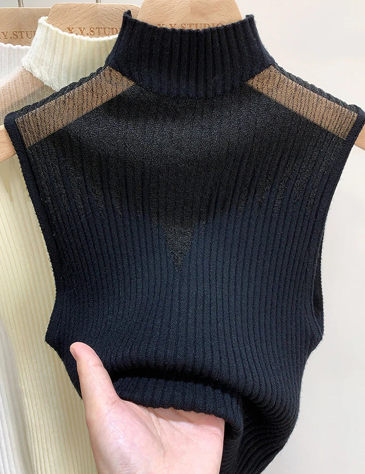 Mesh Knitted Top Women Y2K Tank Top Half Neck Vest Female Sleeveless Sweater Chic Cut Out Streetwear Solid Skinny Tube Top