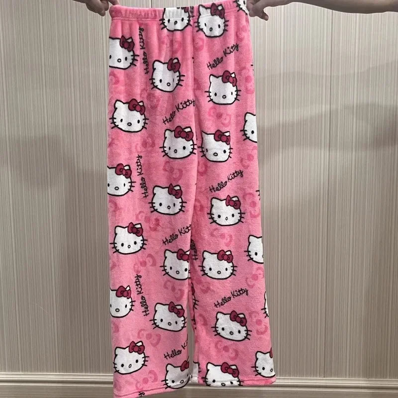 2024 Sanrio Anime Hello Kitty Pajamas Halloween Flannel Fashion Velvet Pants Girls Kawaii Cartoon Casual Fall Winter Home Pants