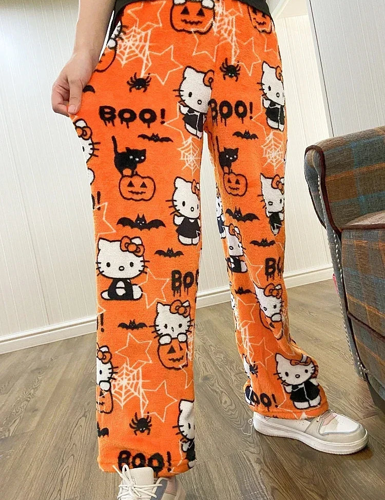 2024 Sanrio Anime Hello Kitty Pajamas Halloween Flannel Fashion Velvet Pants Girls Kawaii Cartoon Casual Fall Winter Home Pants