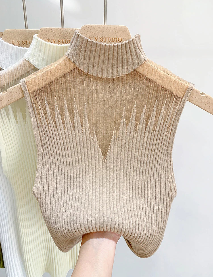 Mesh Knitted Top Women Y2K Tank Top Half Neck Vest Female Sleeveless Sweater Chic Cut Out Streetwear Solid Skinny Tube Top